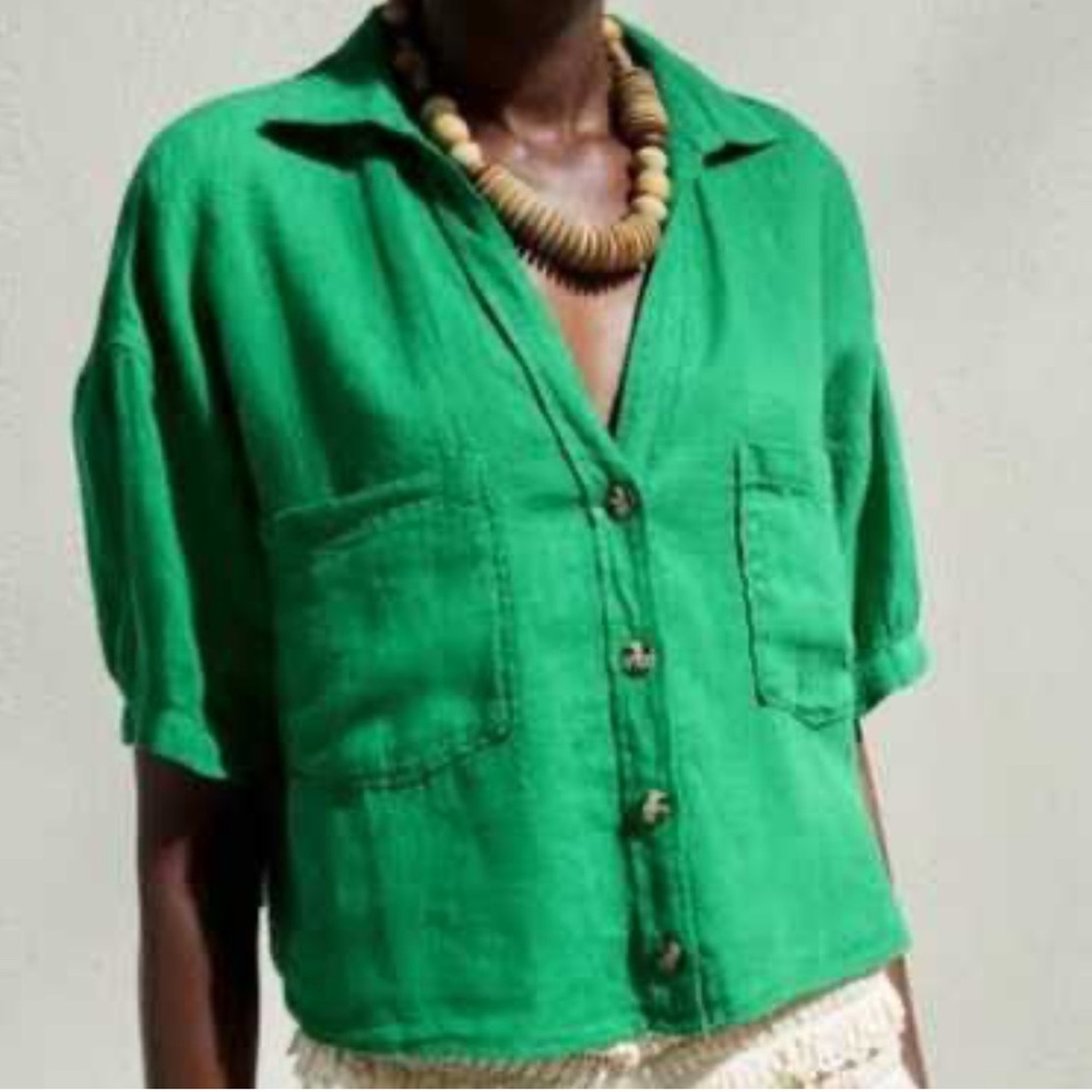 Zara Women’s Emerald Green Linen Button Down Shirt Size L